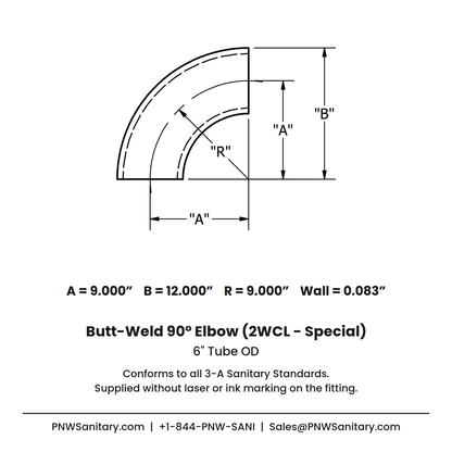 6.000" OD 14ga Butt-Weld 90° Elbow - (2WCL - Special) - Polished OD/ID - 304 Stainless