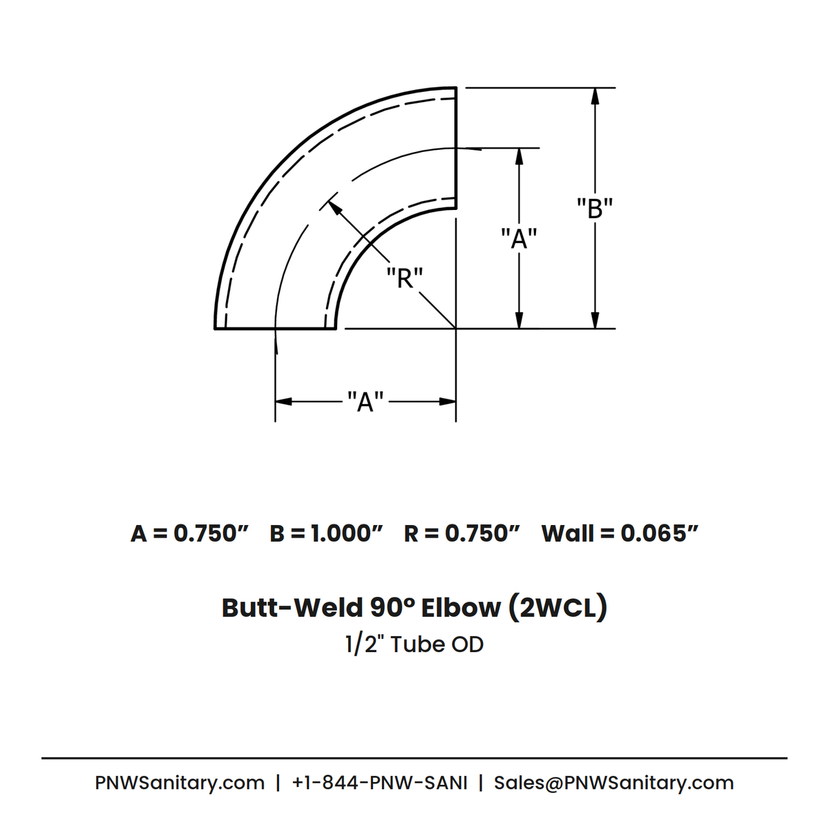 0.500" OD 16ga Butt-Weld 90° Elbow - (2WCL) - Polished OD/ID - 316L Stainless