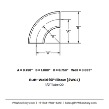 0.500" OD 16ga Butt-Weld 90° Elbow - (2WCL) - Polished OD/ID - 316L Stainless