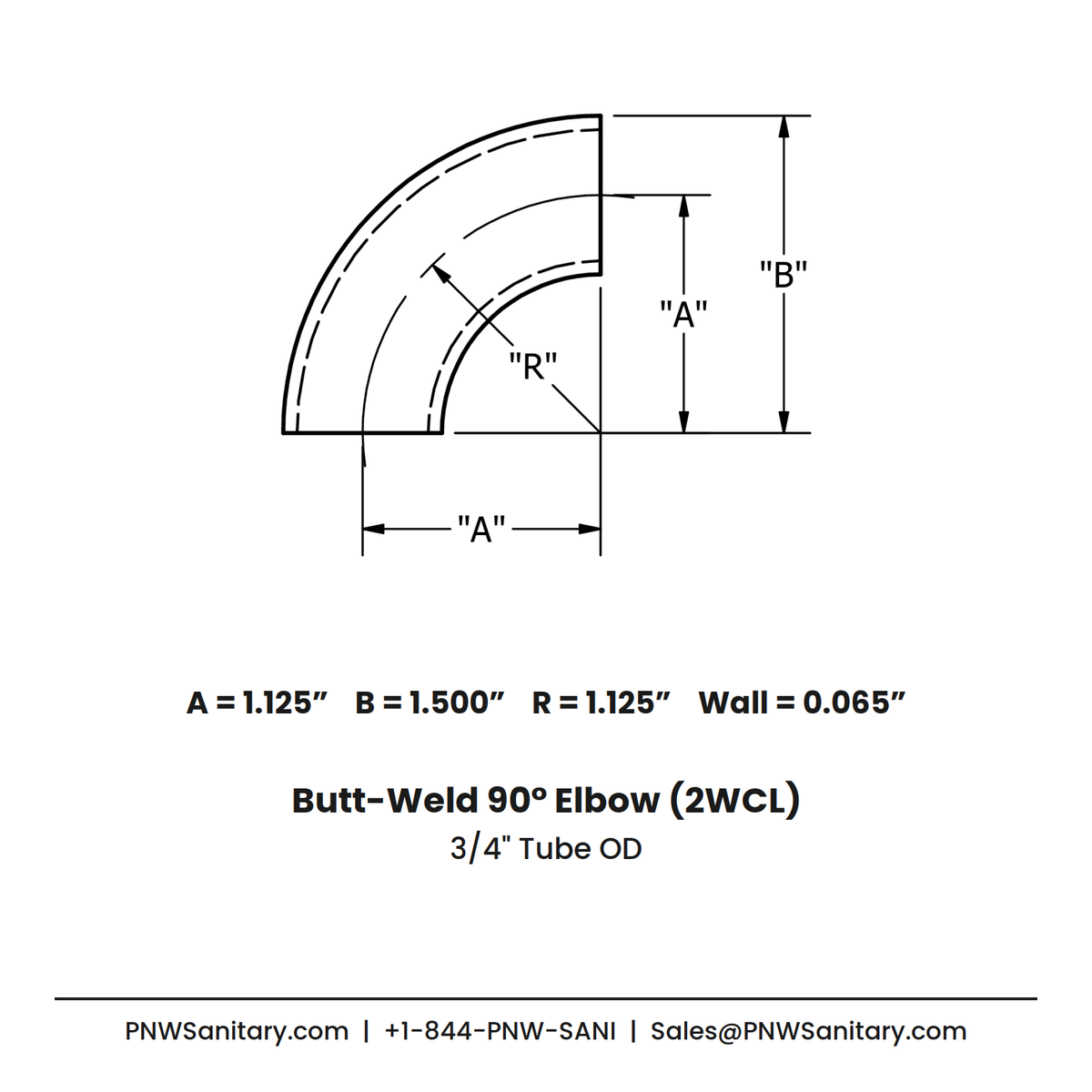 0.750" OD 16ga Butt-Weld 90° Elbow - (2WCL) - Polished OD/ID - 304 Stainless