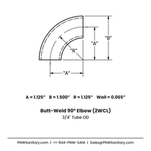 0.750" OD 16ga Butt-Weld 90° Elbow - (2WCL) - Polished OD/ID - 304 Stainless