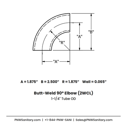 1.250" OD 16ga Butt-Weld 90° Elbow - (2WCL) - Polished OD/ID - 304 Stainless