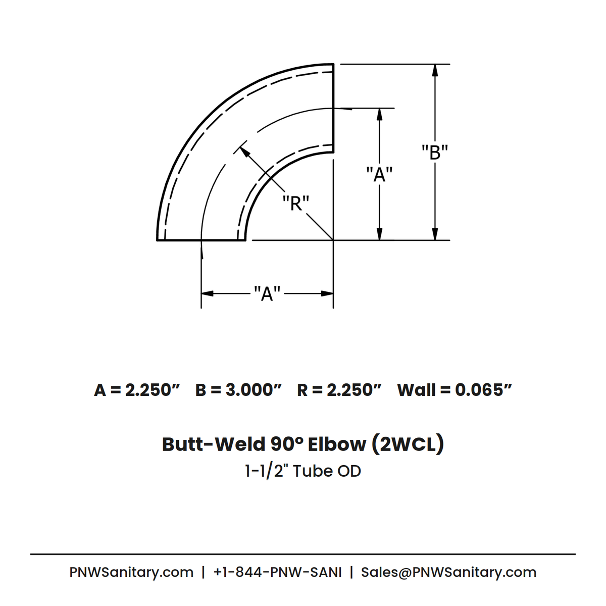 1.500" OD 16ga Butt-Weld 90° Elbow - (2WCL) - Polished OD/ID - 304 Stainless