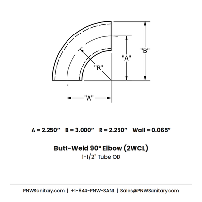 1.500" OD 16ga Butt-Weld 90° Elbow - (2WCL) - Polished OD/ID - 304 Stainless