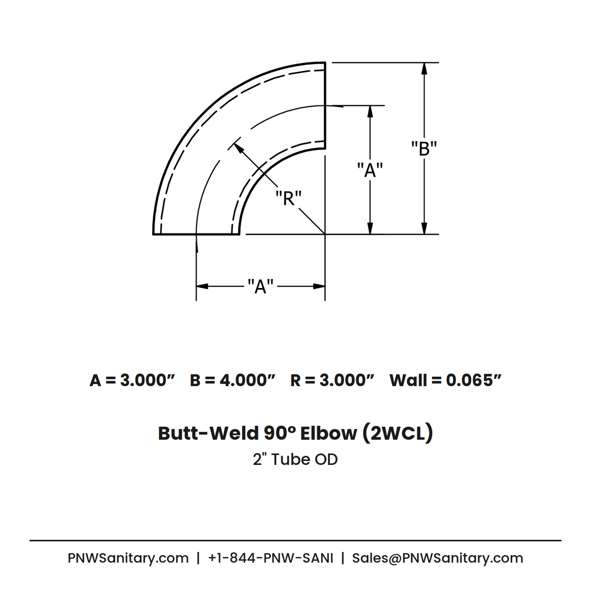 2.000" OD 16ga Butt-Weld 90° Elbow - (2WCL) - Polished OD/ID - 304 Stainless
