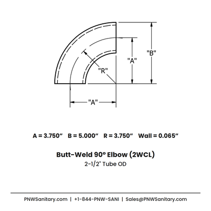 2.500" OD 16ga Butt-Weld 90° Elbow - (2WCL) - Polished OD/ID - 304 Stainless