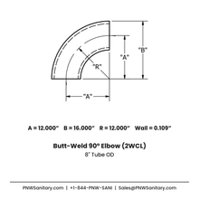 8.000" OD 12ga Butt-Weld 90° Elbow - (2WCL) - Polished OD/ID - 316L Stainless