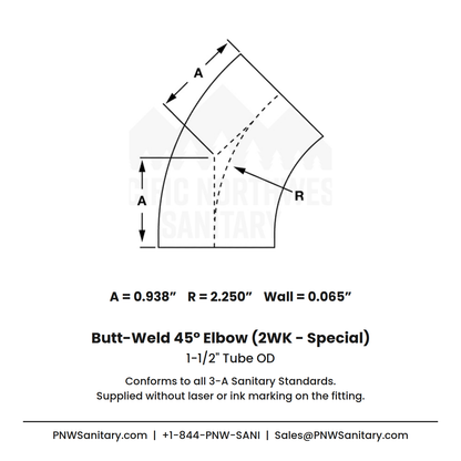 1.500" 16ga Butt-Weld 45° Elbow - (2WK - Special) - Polished OD/ID - 304 Stainless