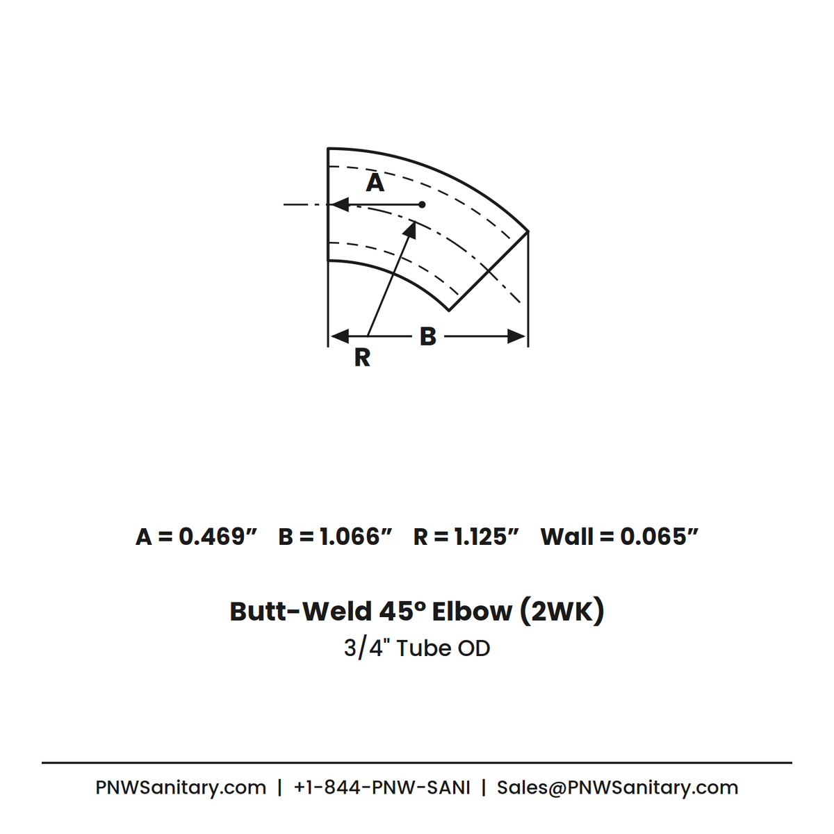 0.750" OD 16ga 45° Butt-Weld Elbow - (2WK) - Polished OD/ID - 304 Stainless