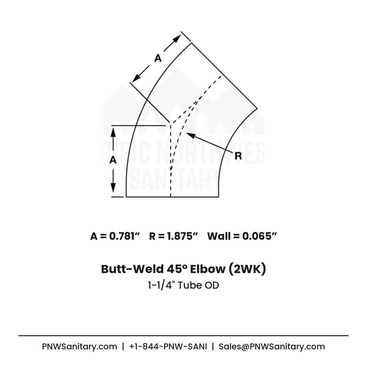 1.250" OD 16ga 45° Butt-Weld Elbow - (2WK) - Polished OD/ID - 316L Stainless
