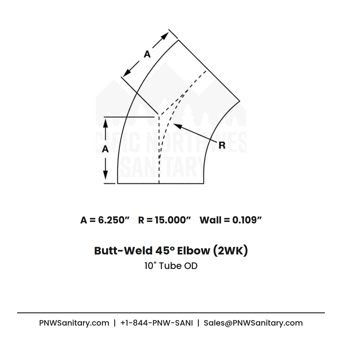 10.000" OD 12ga Butt-Weld 45° Elbow - (2WK) - Polished OD/ID - 316L Stainless