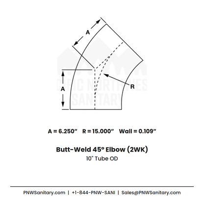 10.000" OD 12ga Butt-Weld 45° Elbow - (2WK) - Polished OD/ID - 316L Stainless