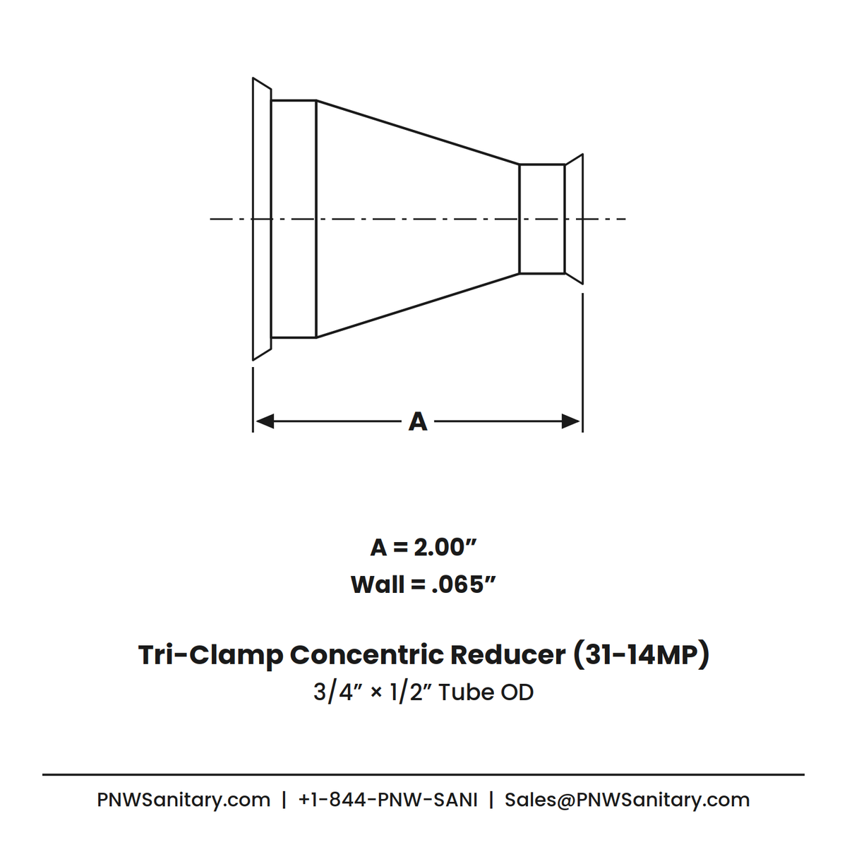 0.750" x 0.500" 16ga Tri-Clamp Concentric Reducer - (31-14MP) - Polished OD/ID - 316L Stainless