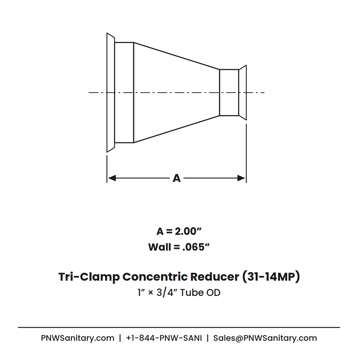 1.000" x 0.750" 16ga Tri-Clamp Concentric Reducer - (31-14MP) - Polished OD/ID - 316L Stainless