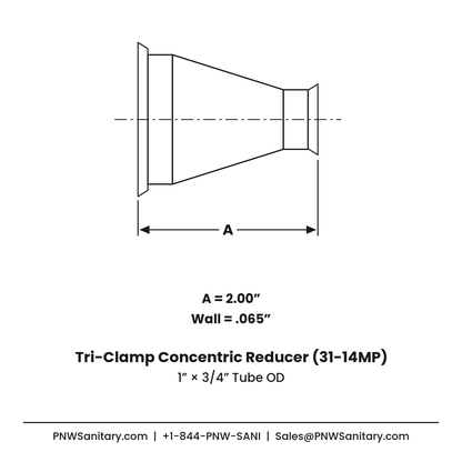 1.000" x 0.750" 16ga Tri-Clamp Concentric Reducer - (31-14MP) - Polished OD/ID - 316L Stainless
