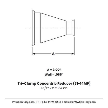 1.500" x 1.000" 16ga Tri-Clamp Concentric Reducer - (31-14MP) - Polished OD/ID - 304 Stainless