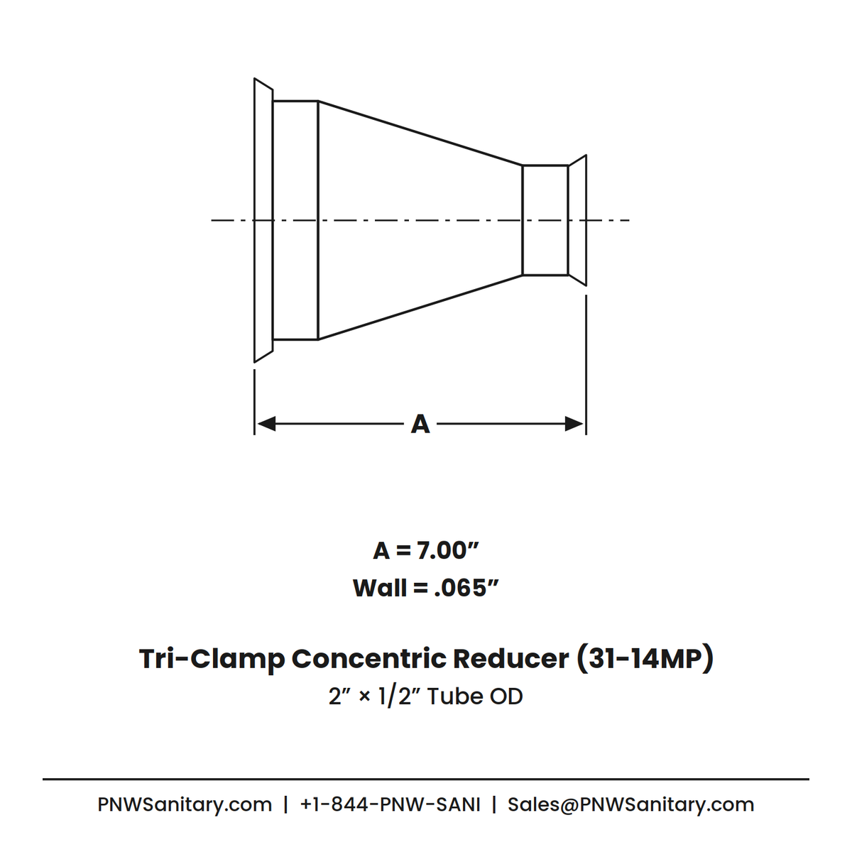 2.000" x 0.500" 16ga Tri-Clamp Concentric Reducer - (31-14MP) - Polished OD/ID - 316L Stainless
