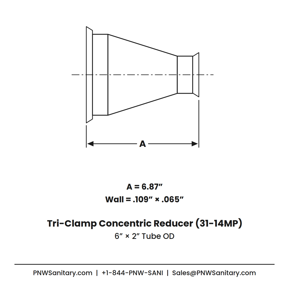 6.000" x 2.000" 12ga Tri-Clamp Concentric Reducer - (31-14MP) - Polished OD/ID - 316L Stainless