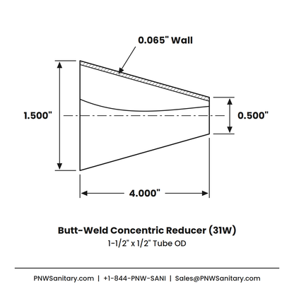1.500" x 0.500" 16ga Butt-Weld Concentric Reducer - (31W) - Polished OD/ID - 316L Stainless