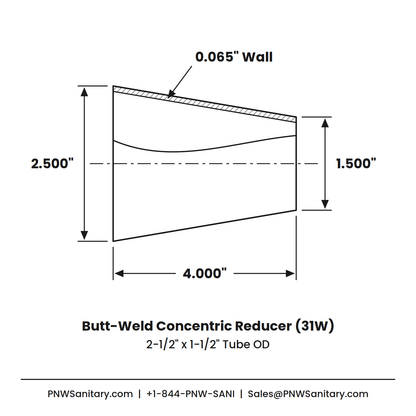 2.500" x 1.500" 16ga Butt-Weld Concentric Reducer - (31W) - Polished OD/ID - 304 Stainless