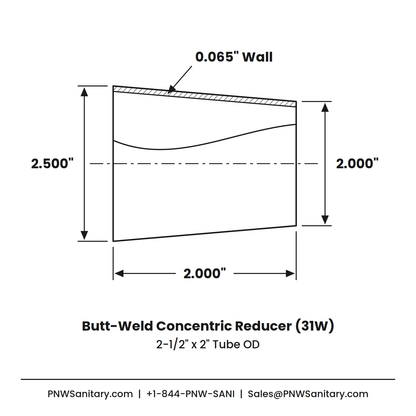 2.500" x 2.000" 16ga Butt-Weld Concentric Reducer - (31W) - Polished OD/ID - 304 Stainless
