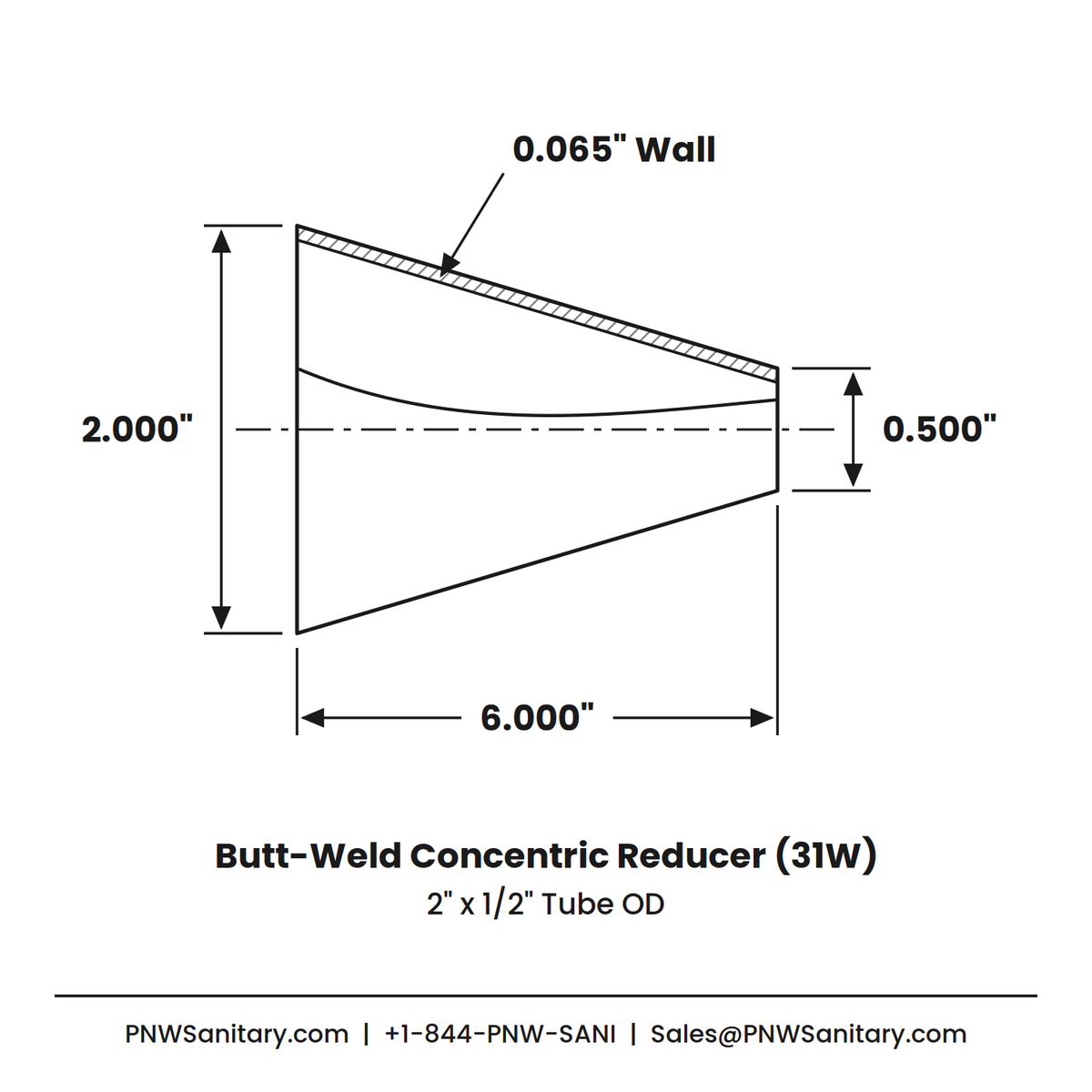 2.000" x 0.500" 16ga Butt-Weld Concentric Reducer - (31W) - Polished OD/ID - 316L Stainless