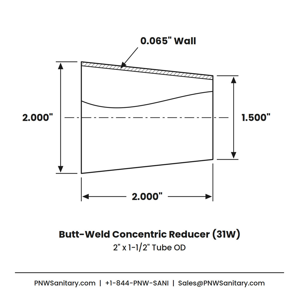 2.000" x 1.500" 16ga Butt-Weld Concentric Reducer - (31W) - Polished OD/ID - 304 Stainless