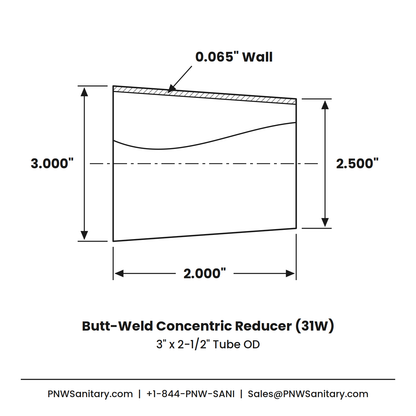 3.000" x 2.500" 16ga Butt-Weld Concentric Reducer - (31W) - Polished OD/ID - 304 Stainless