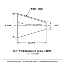4.000" x 1.000" 14ga Butt-Weld Concentric Reducer - (31W) - Polished OD/ID - 316L Stainless