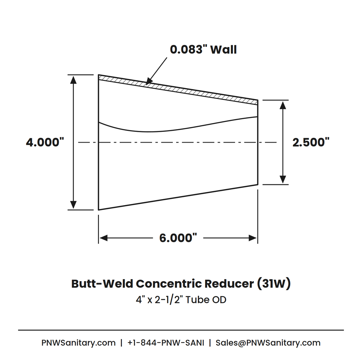 4.000" x 2.500" 14ga Butt-Weld Concentric Reducer - (31W) - Polished OD/ID - 304 Stainless