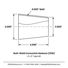 4.000" x 3.000" 14ga Butt-Weld Concentric Reducer - (31W) - Polished OD/ID - 316L Stainless