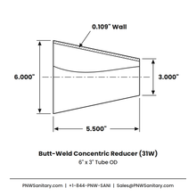 6.000" x 3.000" 12ga Butt-Weld Concentric Reducer - (31W) - Polished OD/ID - 316L Stainless
