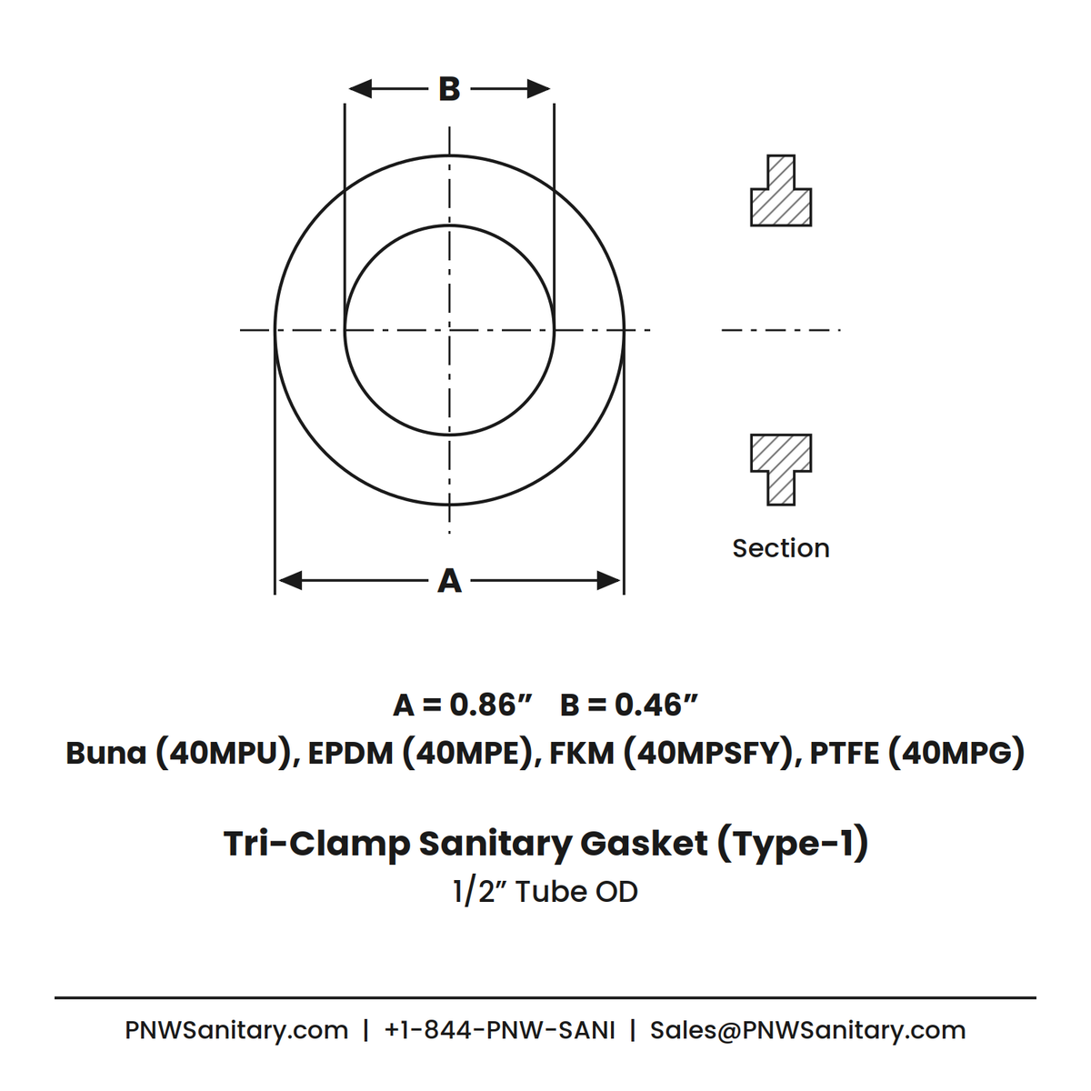 0.500" Tri-Clamp Gasket - White PTFE/Teflon - (40MPG)
