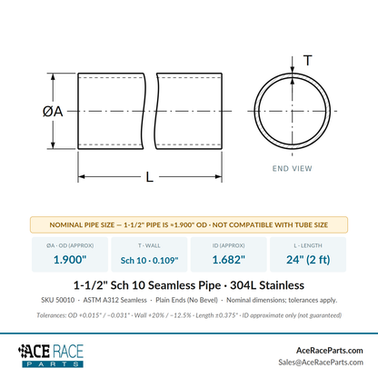 1-1/2" Schedule 10 Seamless Pipe 304L Stainless - 2 Foot Length