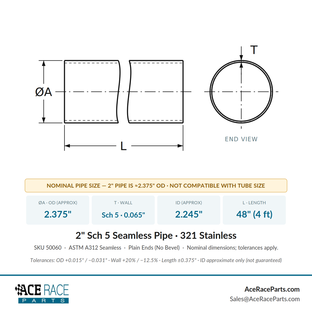 2" Schedule 5 Seamless Pipe 321 Stainless - 4 Foot Length