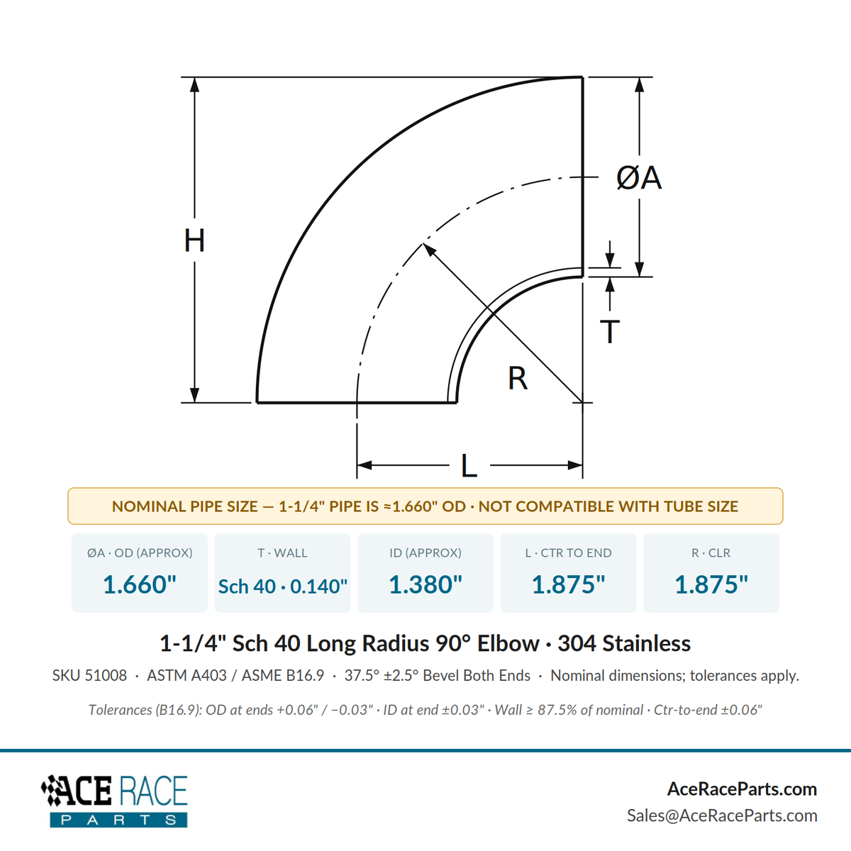 1-1/4" Schedule 40 Long Radius 90° Elbow 304 Stainless