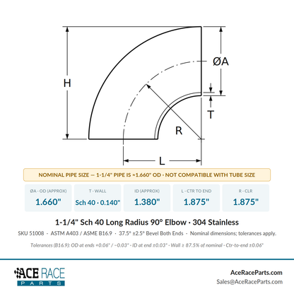 1-1/4" Schedule 40 Long Radius 90° Elbow 304 Stainless