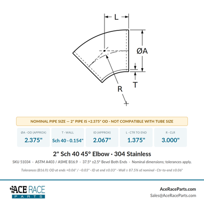 2" Schedule 40 45° Elbow 304 Stainless