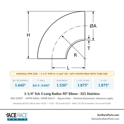 1-1/4" Schedule 5 Long Radius 90° Elbow 321 Stainless