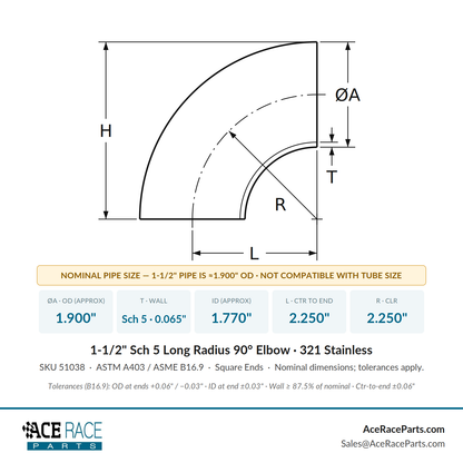 1-1/2" Schedule 5 Long Radius 90° Elbow 321 Stainless