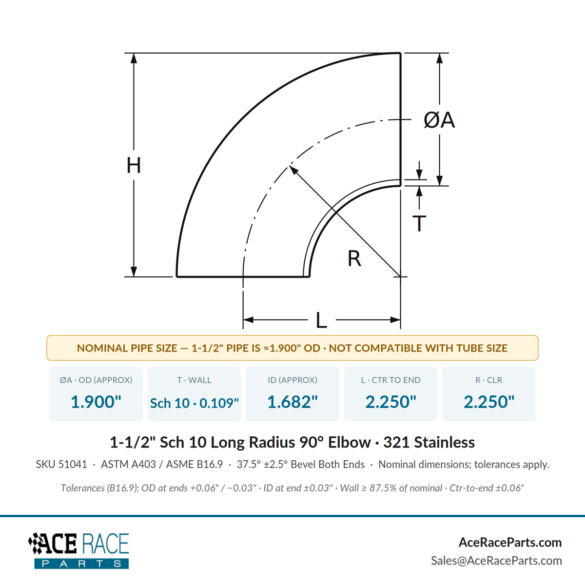 1-1/2" Schedule 10 Long Radius 90° Elbow 321 Stainless