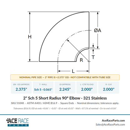 2" Schedule 5 Short Radius 90° Elbow 321 Stainless