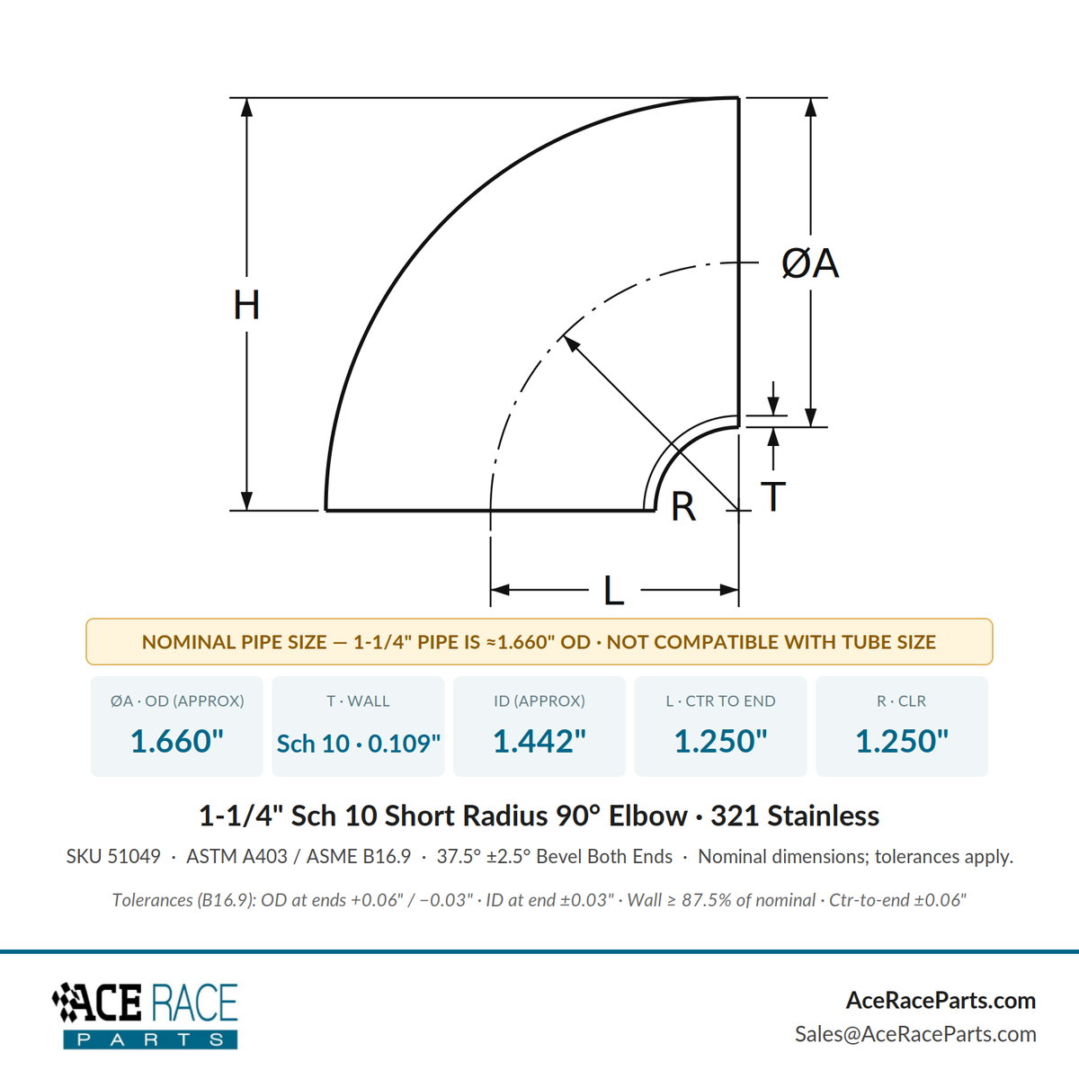 1-1/4" Schedule 10 Short Radius 90° Elbow 321 Stainless
