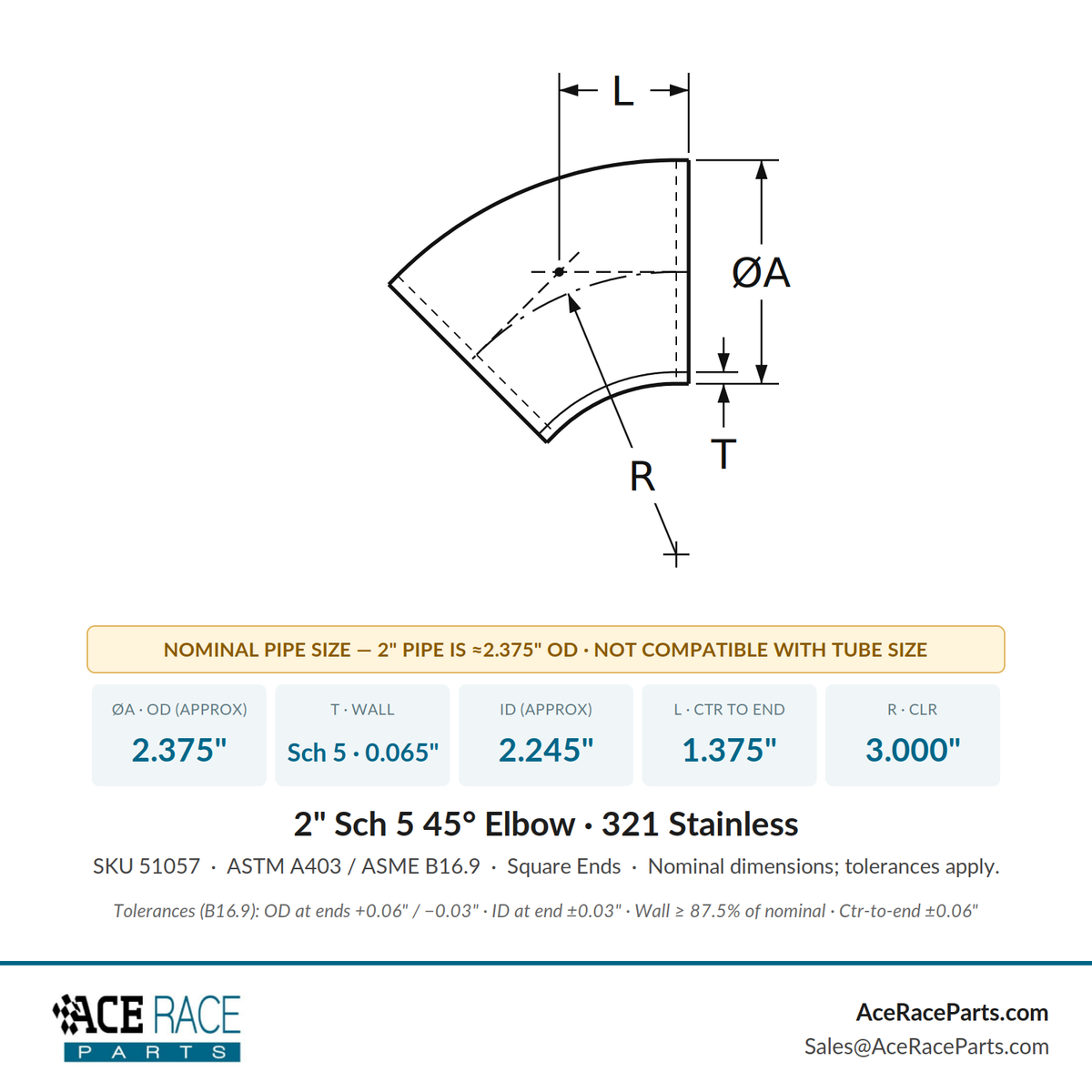 2" Schedule 5 45° Elbow 321 Stainless
