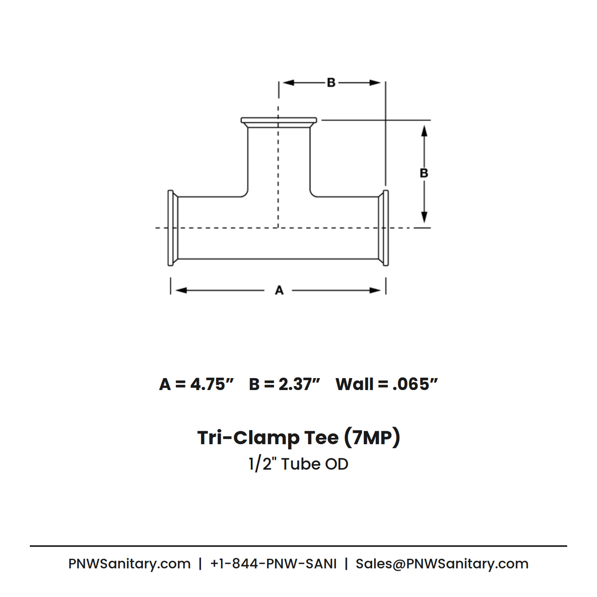0.500" OD 16ga Tri-Clamp Tee - (7MP) - Polished OD/ID - 304 Stainless