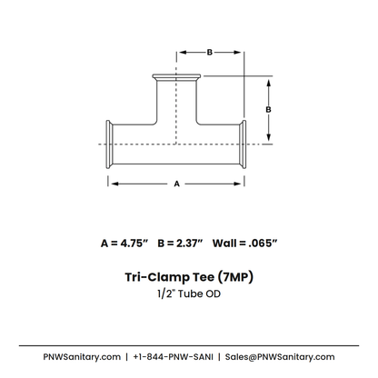 0.500" OD 16ga Tri-Clamp Tee - (7MP) - Polished OD/ID - 304 Stainless