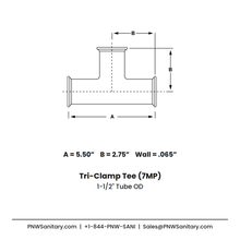 1.500" OD 16ga Tri-Clamp Tee - (7MP) - Polished OD/ID - 304 Stainless