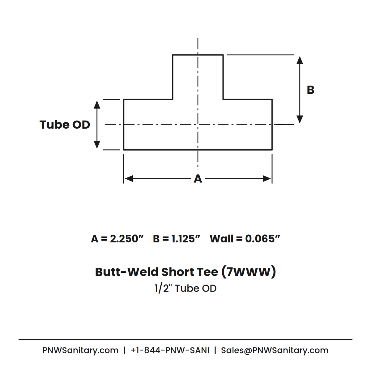 0.500" OD 16ga Short Tee Butt-Weld - (7WWW) - Polished OD/ID - 316L Stainless