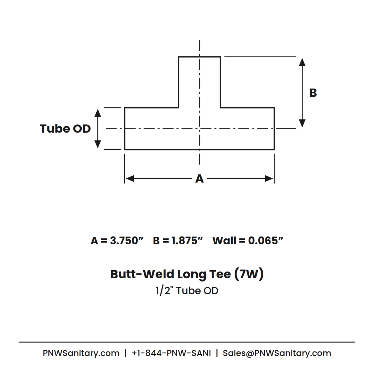 0.500" OD 16ga Long Tee Butt-Weld - (7W) - Polished OD/ID - 316L Stainless