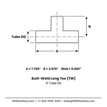 4.000" OD 14ga Long Tee Butt-Weld - (7W) - Polished OD/ID - 316L Stainless